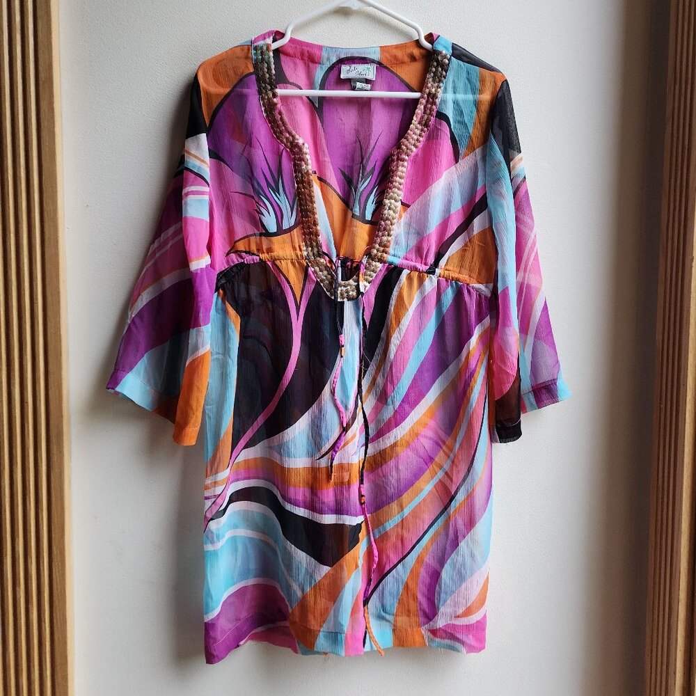 Bali Club Abstract Colorful Semi Sheer Tunic Size Large